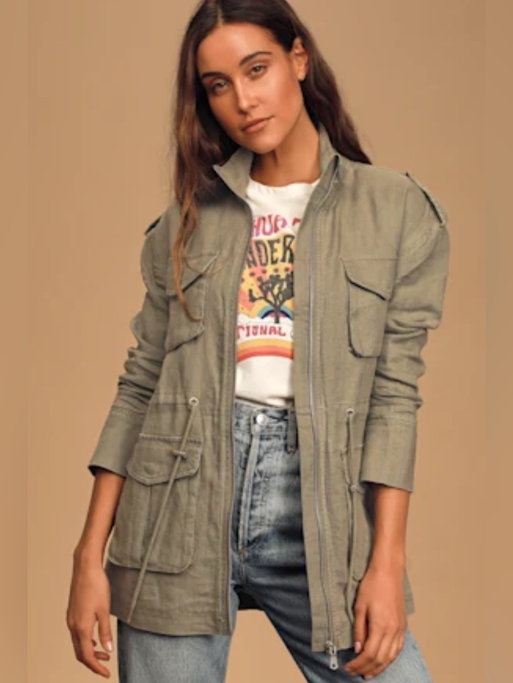 Avec Les Files Out the Door Olive Green Linen Anorak Jacket Coat Drawstring XS